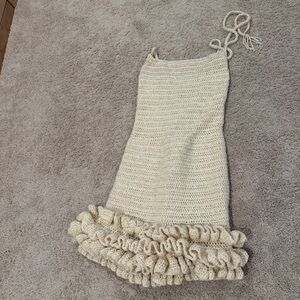 Cream and Gold Crochet Dress with Ruffle Hem